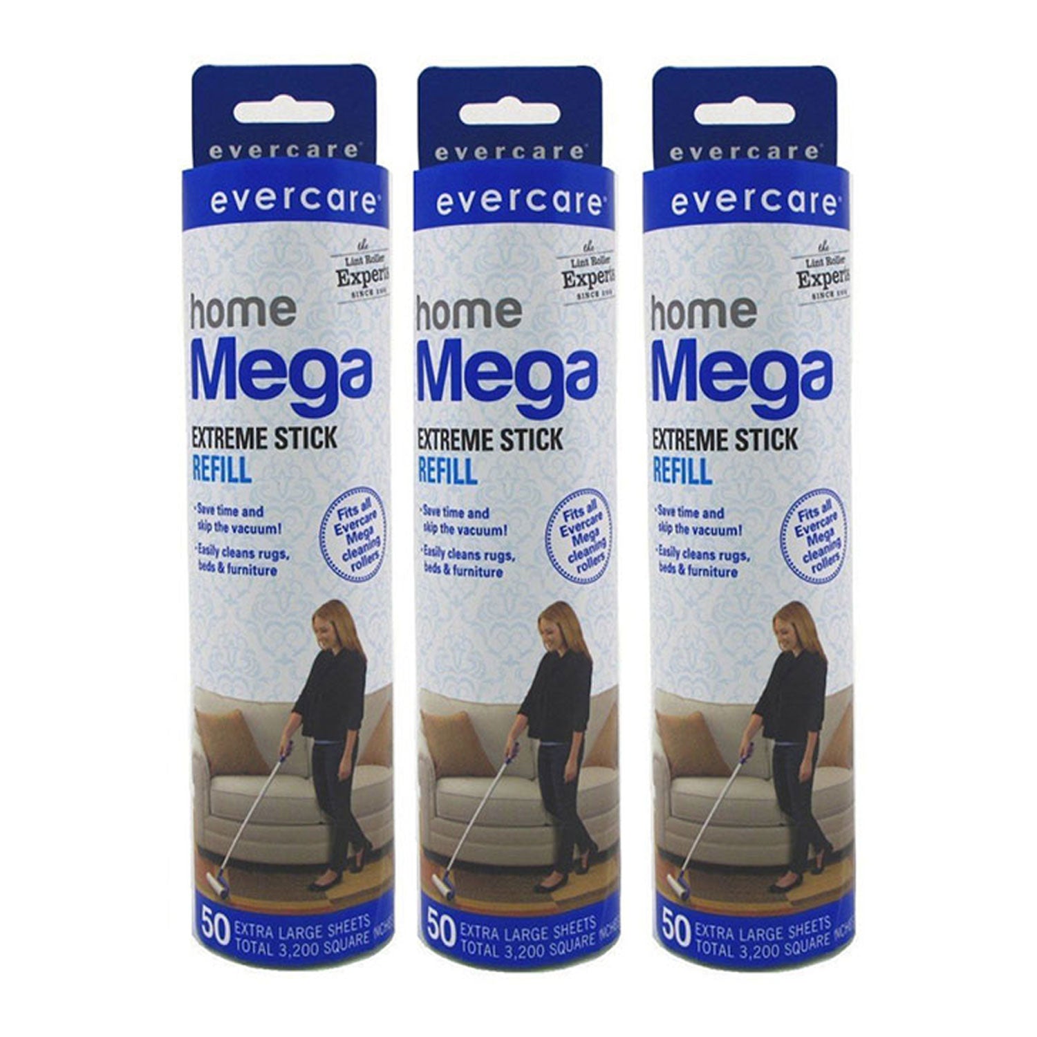 evercare Pet Mega Extreme Surface Coverage 50 Layer Lint Roller Refill, 3 Pack