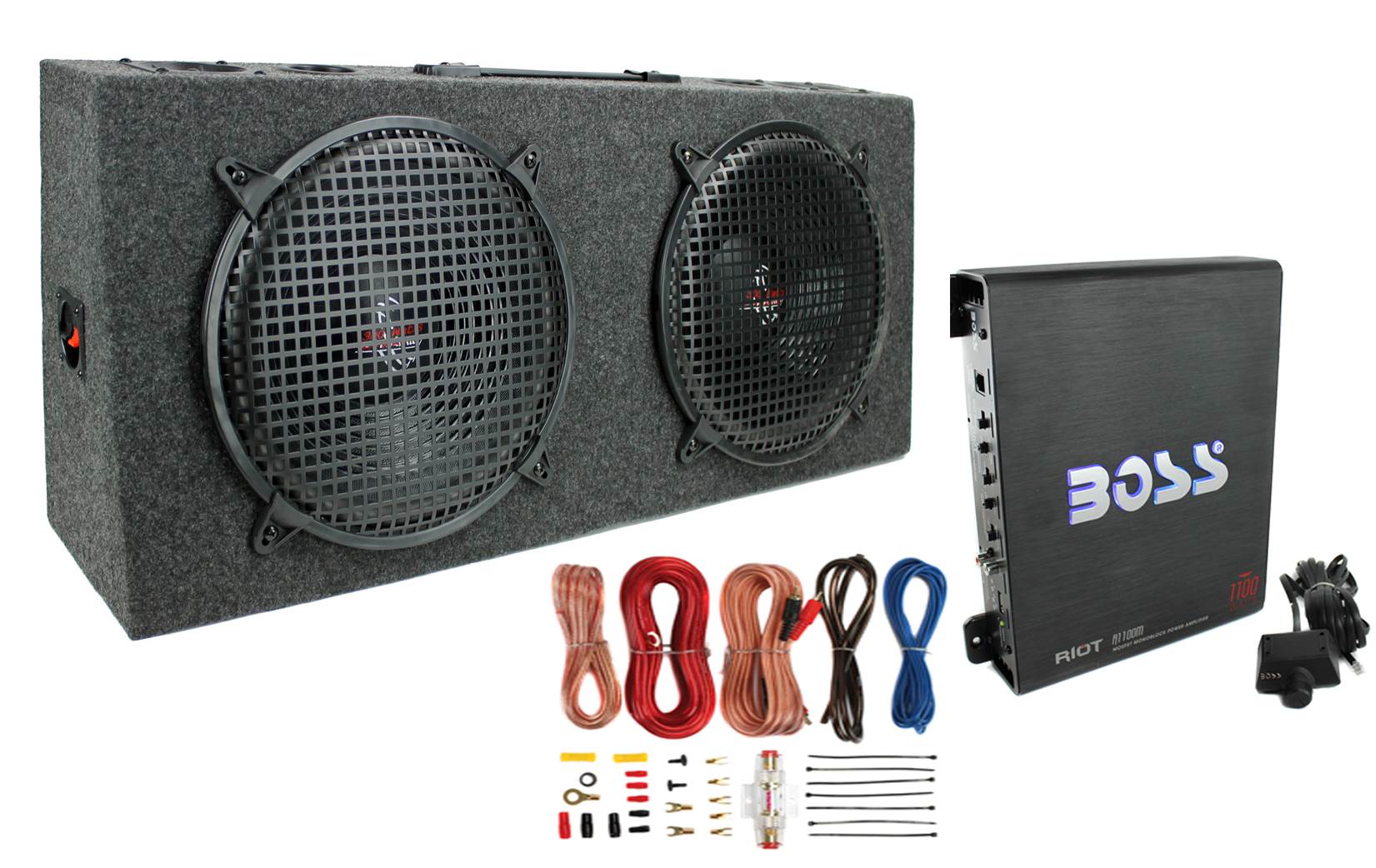Pyramid PP12 Dual 12" 300W Subs Car Subwoofers + Monoblock R1100M Amp + Wiring