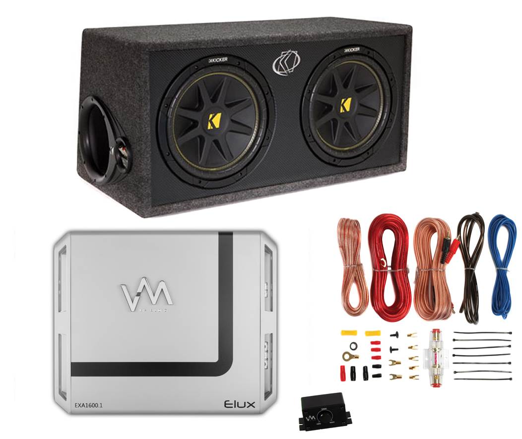 Kicker DC122 Dual 12" 600W Car Audio Subwoofers + Box + 1600 Watt Amp + Amp Kit