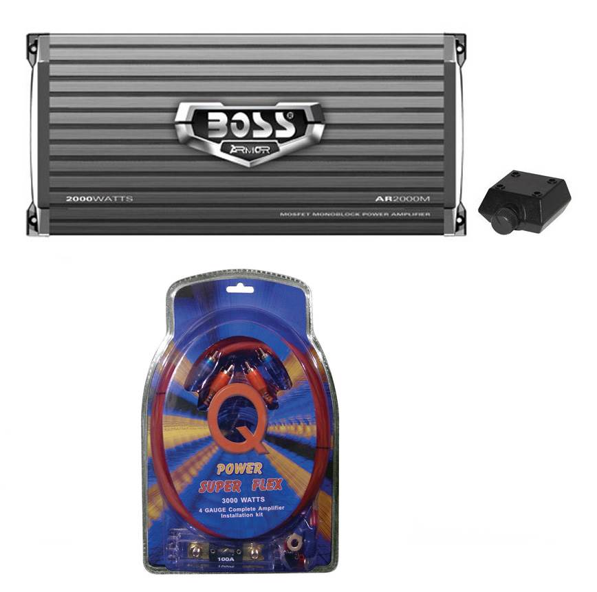 Boss Audio AR2000M 2000W MONO A/B Car Amplifier and 4 Gauge Amp Install Kit