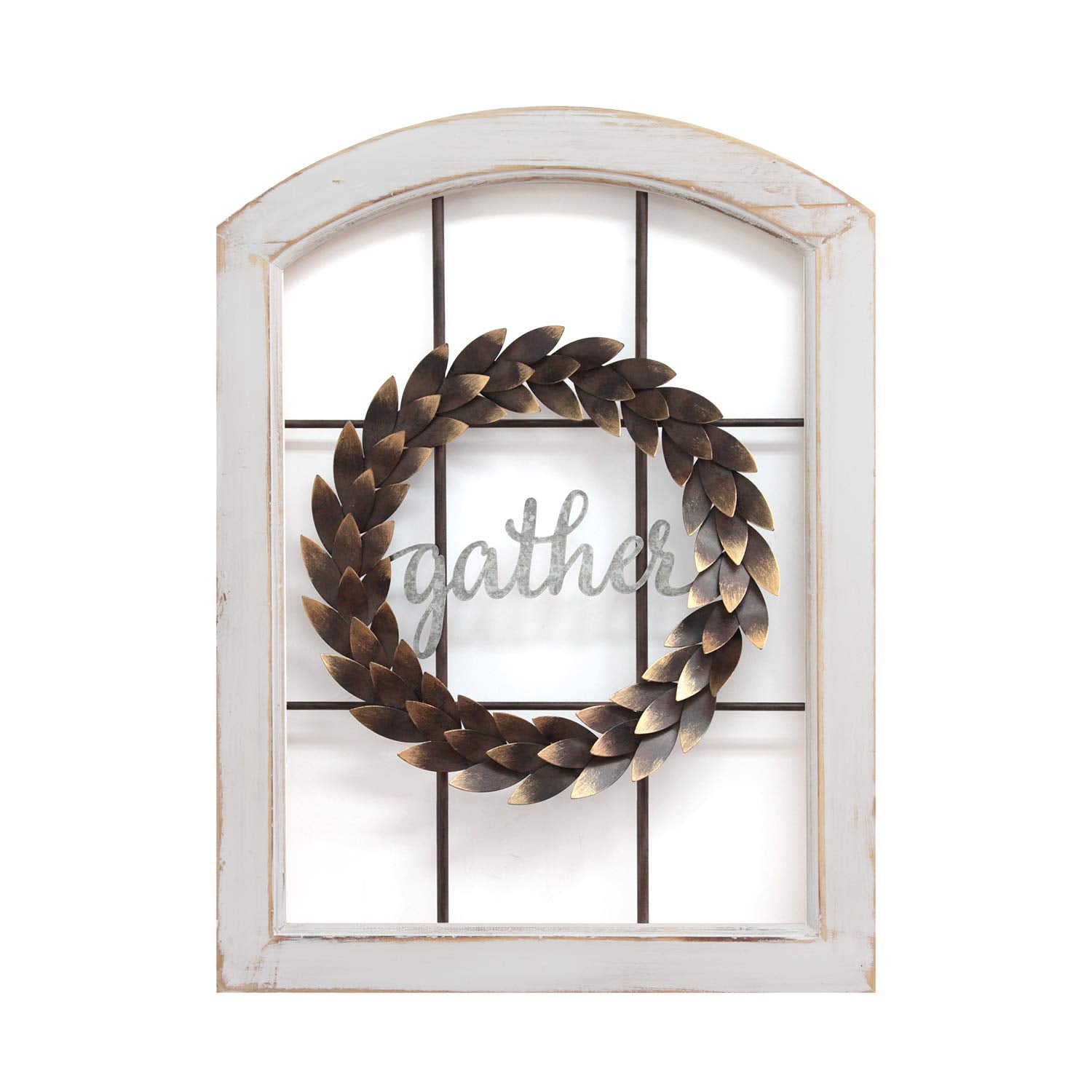Stratton Home Decor Gather Bronze Wreath Window Wall Decor, Distressed White - VMInnovations