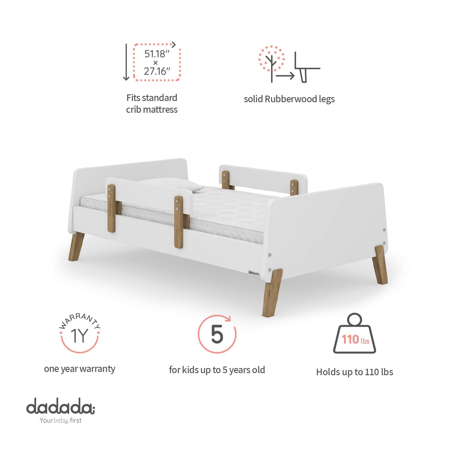 dadada Muse Low Profile Toddler Bed w/2 Removeable Side Rails, White (Open Box) - VMInnovations
