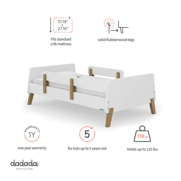 dadada Muse Low Profile Toddler Bed w/2 Removeable Side Rails, White (Open Box) - VMInnovations