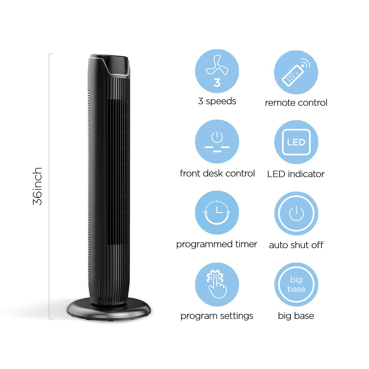 PELONIS 36" 3 Speed Oscillating Pedestal Tower Fan with Remote, Black (Used)