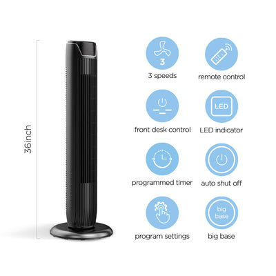 PELONIS 36" 3 Speed Oscillating Pedestal Tower Fan with Remote, Black (Used)