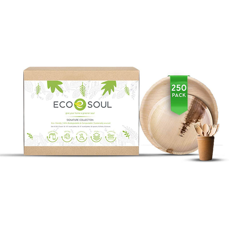 ECO SOUL Round Disposable Palm Leaf and Birchwood Dinnerware Set (250 Piece)