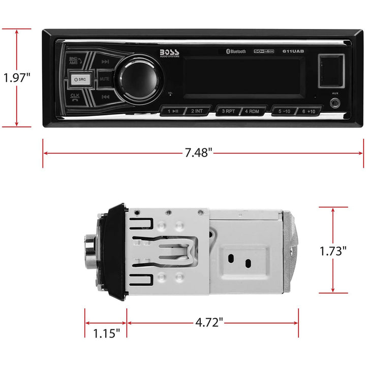 Boss 611UAB Single Din USB/SD AUX Bluetooth Multimedia Radio Car Stereo Receiver - VMInnovations