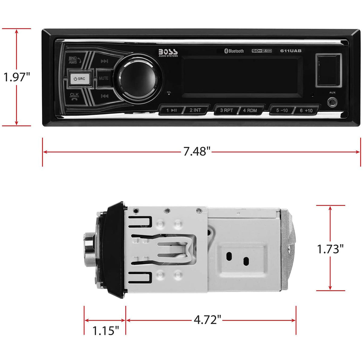 Boss 611UAB Single Din USB/SD AUX Bluetooth Radio Car Stereo Receiver (4 Pack)