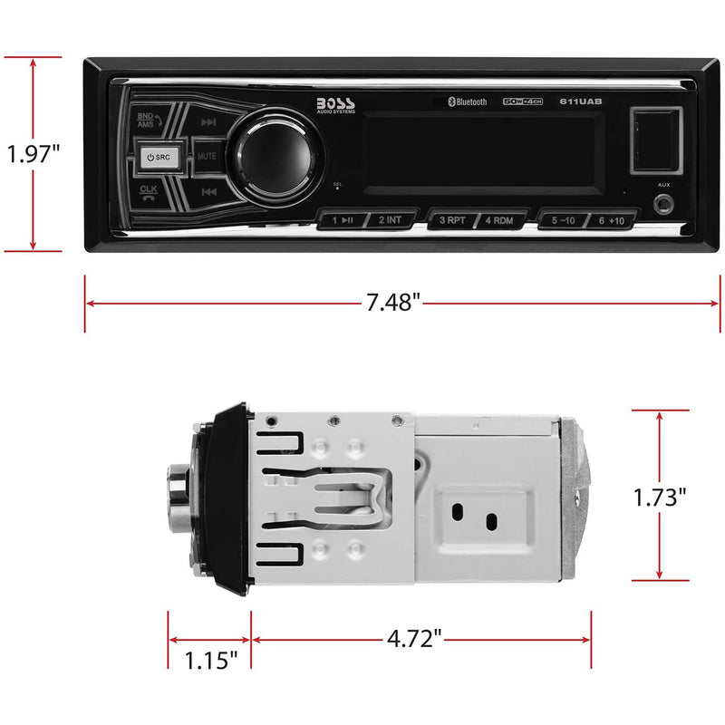 Boss 611UAB Single Din USB/SD AUX Bluetooth Radio Car Stereo Receiver (2 Pack)