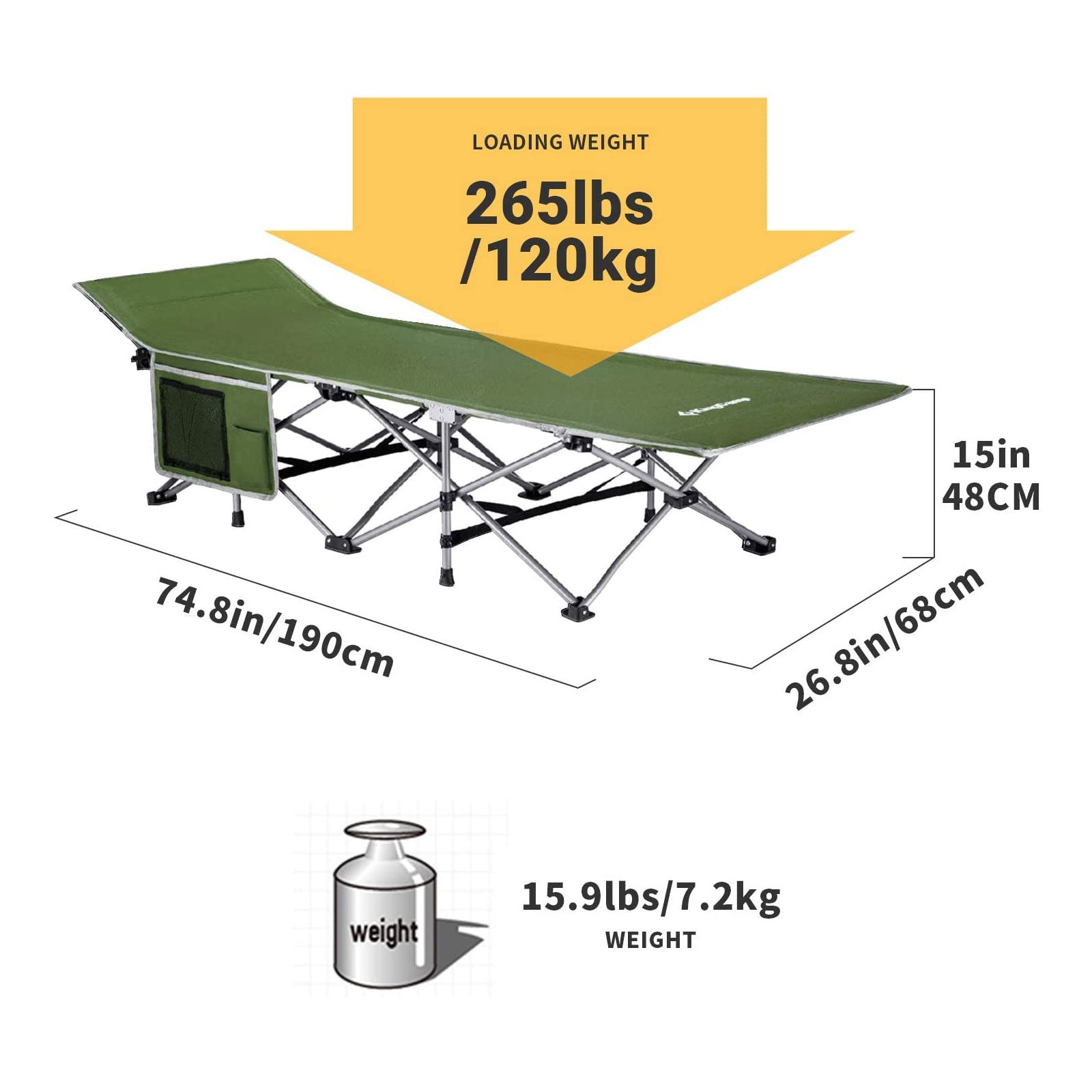 KingCamp Folding Deluxe Lightweight Portable Camping Side Pocket Cot(Open Box) - VMInnovations