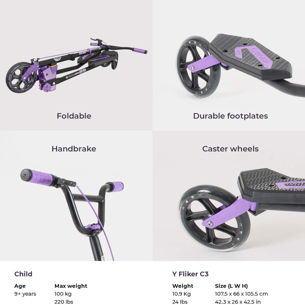 Yvolution Y Fliker Carver C5 Kids/Adult Foldable Wiggle Drifting Scooter, Purple