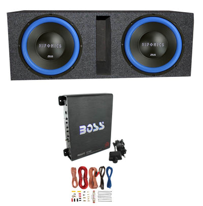 2) Hifonics ZW12D4 Zeus 12" 1200W Car Subwoofers + Mono Amplifier+Amp Kit+Box