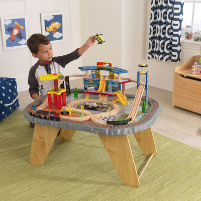 KidKraft Kids 58 Piece Transportation Station Wood Train Play Set Activity Table