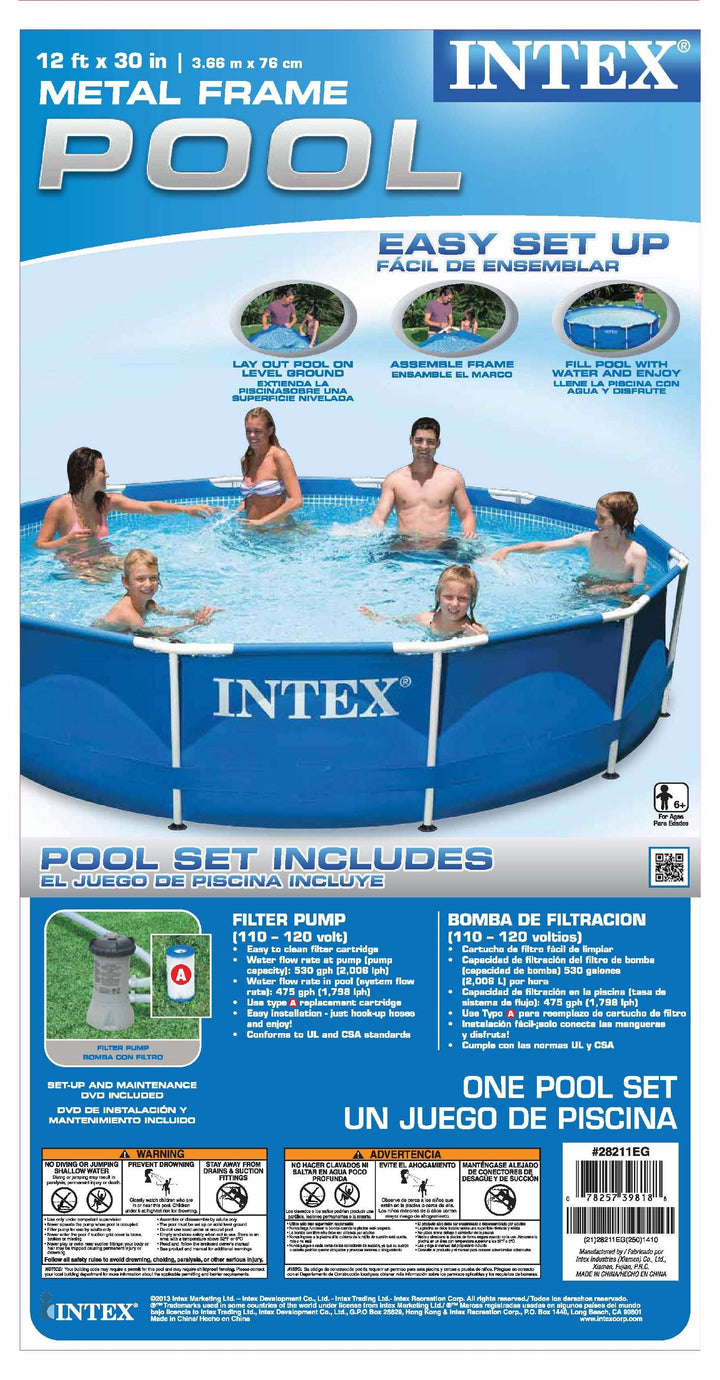 Intex 12ft x 30in Metal Frame Above Ground Round Family Swimming Pool Set & Pump