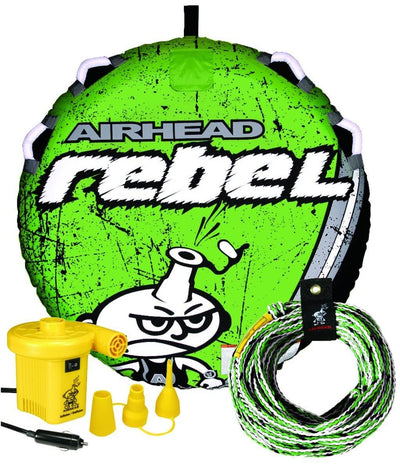 Airhead AHRE-12 Rebel Single Rider Lake Boat Towable Tube with Rope and Pump Kit - VMInnovations