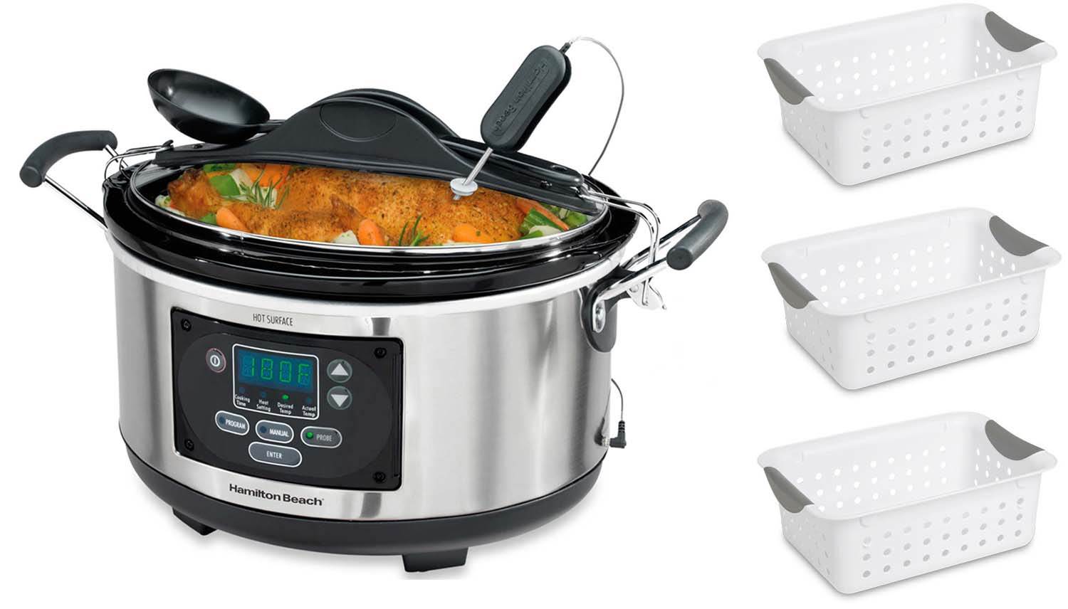 Hamilton Beach 6-Quart Portable Probe Slow Cooker, 33967 w/3 Sterilite Baskets - VMInnovations