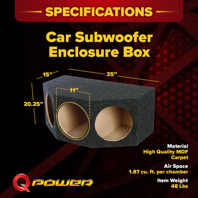 QPower BASS12 3 Hole 12" Sealed Car Subwoofer Enclosure Box | 35 x 20.25 x 15 - VMInnovations