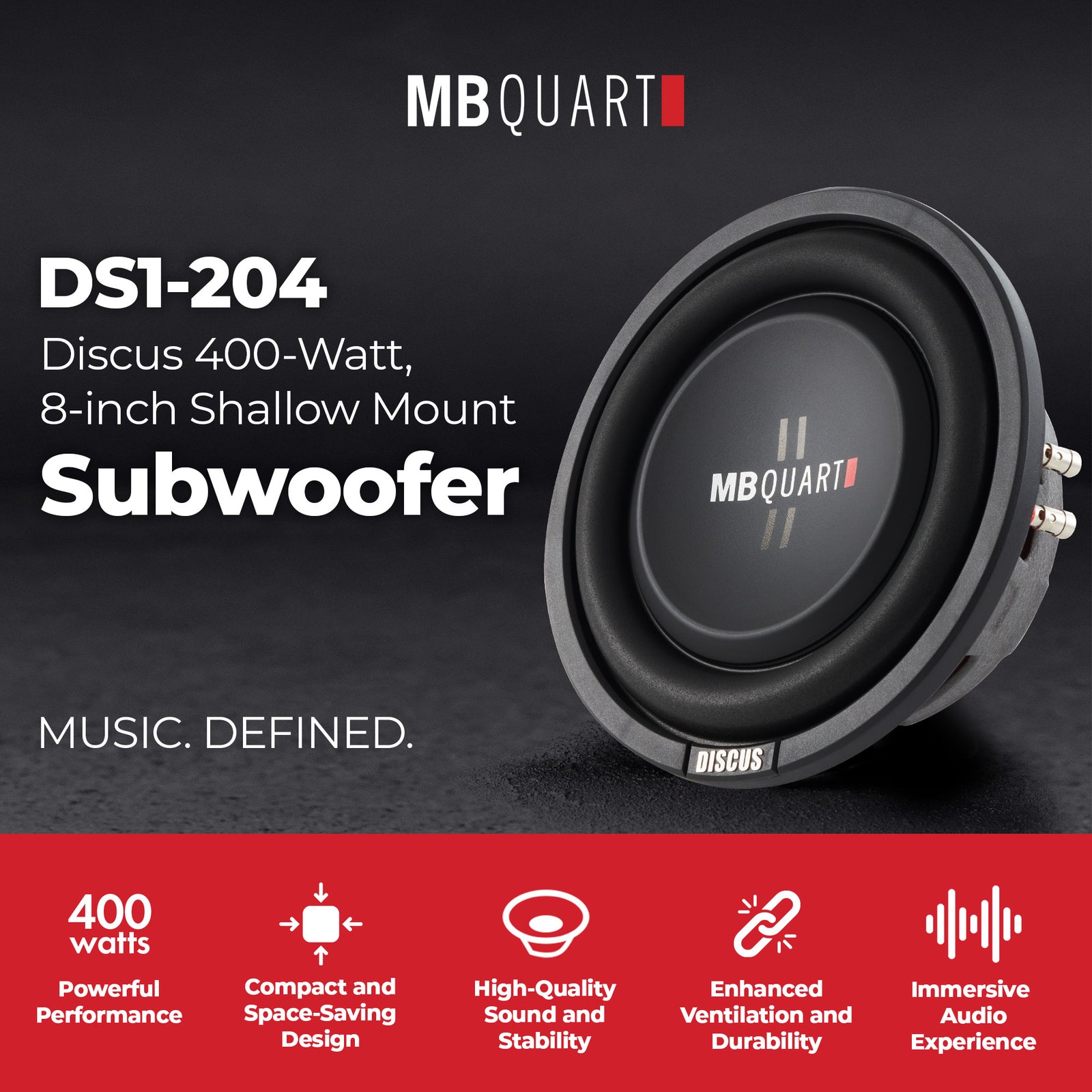 MB Quart DS1-204 400 Watt 8 Inch Shallow Slim DVC 4 Ohm Car Sub, Single Speaker - VMInnovations