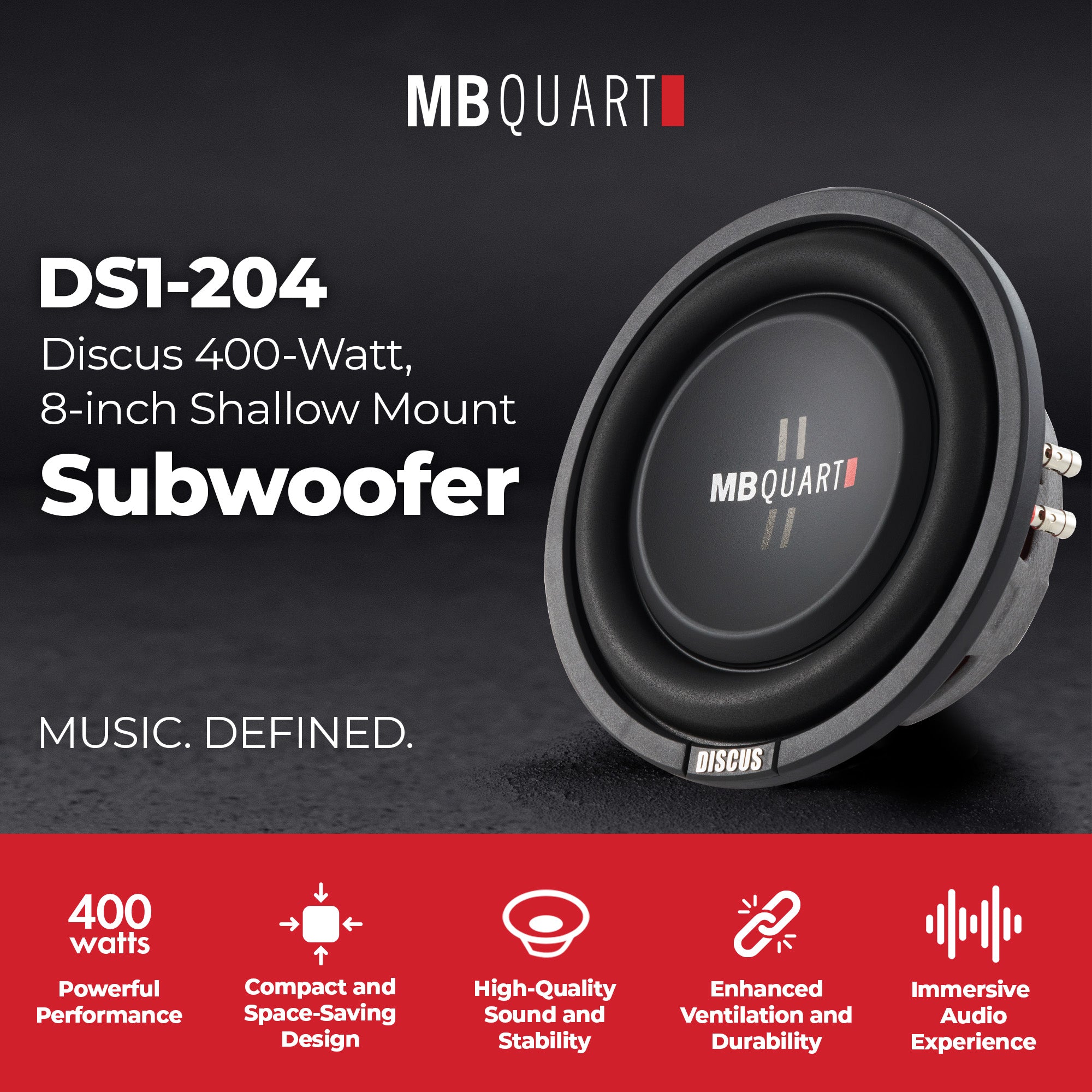 MB Quart DS1-204 400 Watt 8 Inch Shallow Slim DVC 4 Ohm Car Sub, Single Speaker - VMInnovations