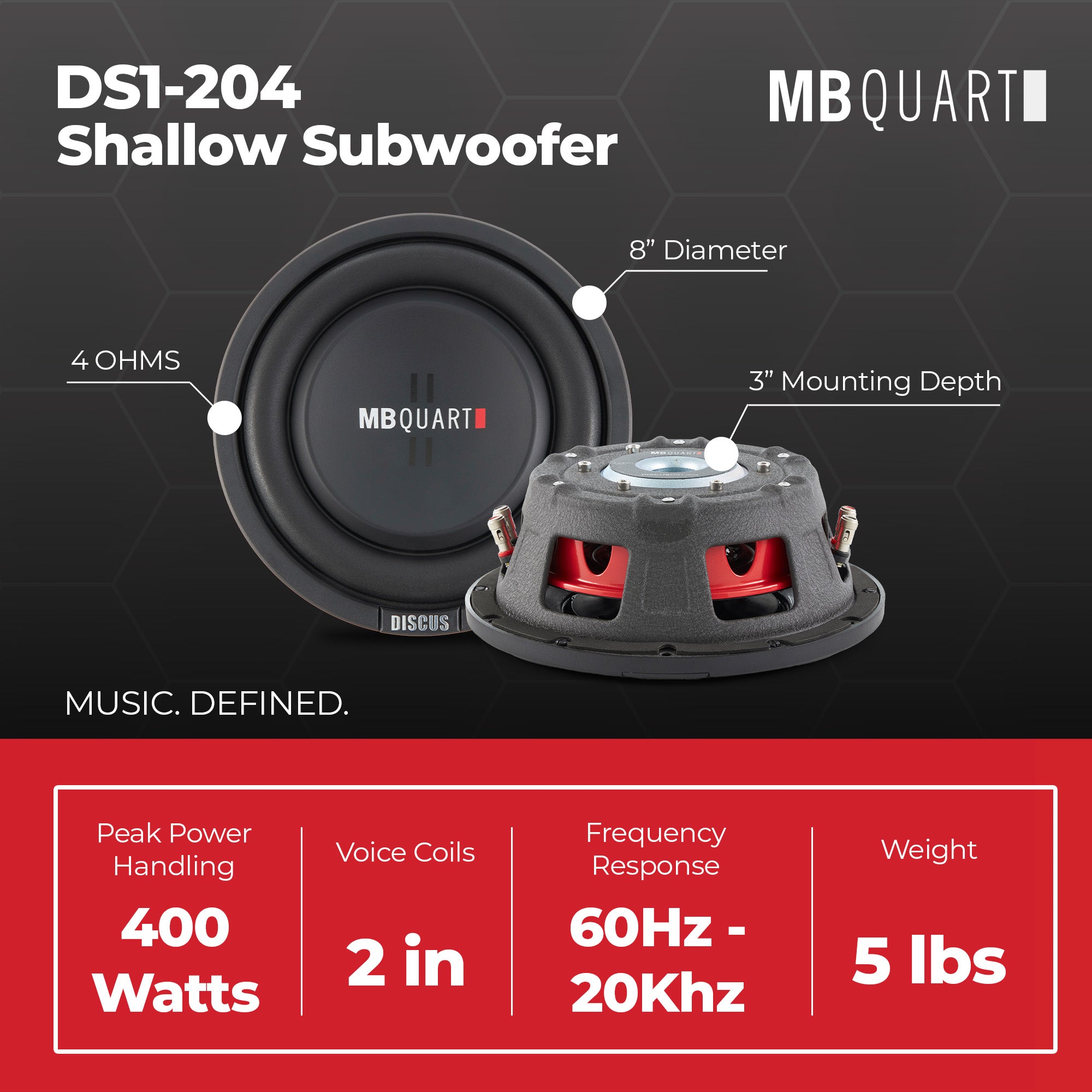 MB Quart DS1-204 400 Watt 8 Inch Shallow Slim DVC 4 Ohm Car Sub, Single Speaker - VMInnovations