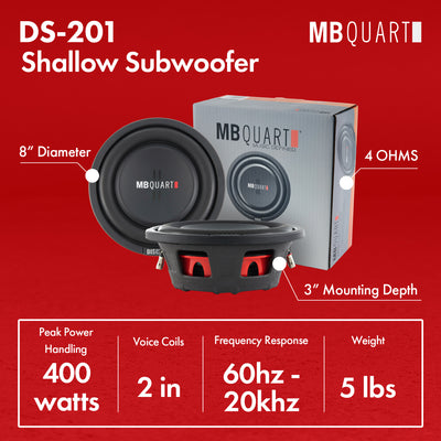 MB Quart DS1-204 400 Watt 8 Inch Shallow Slim DVC 4 Ohm Car Sub, Single Speaker (Refurbished)