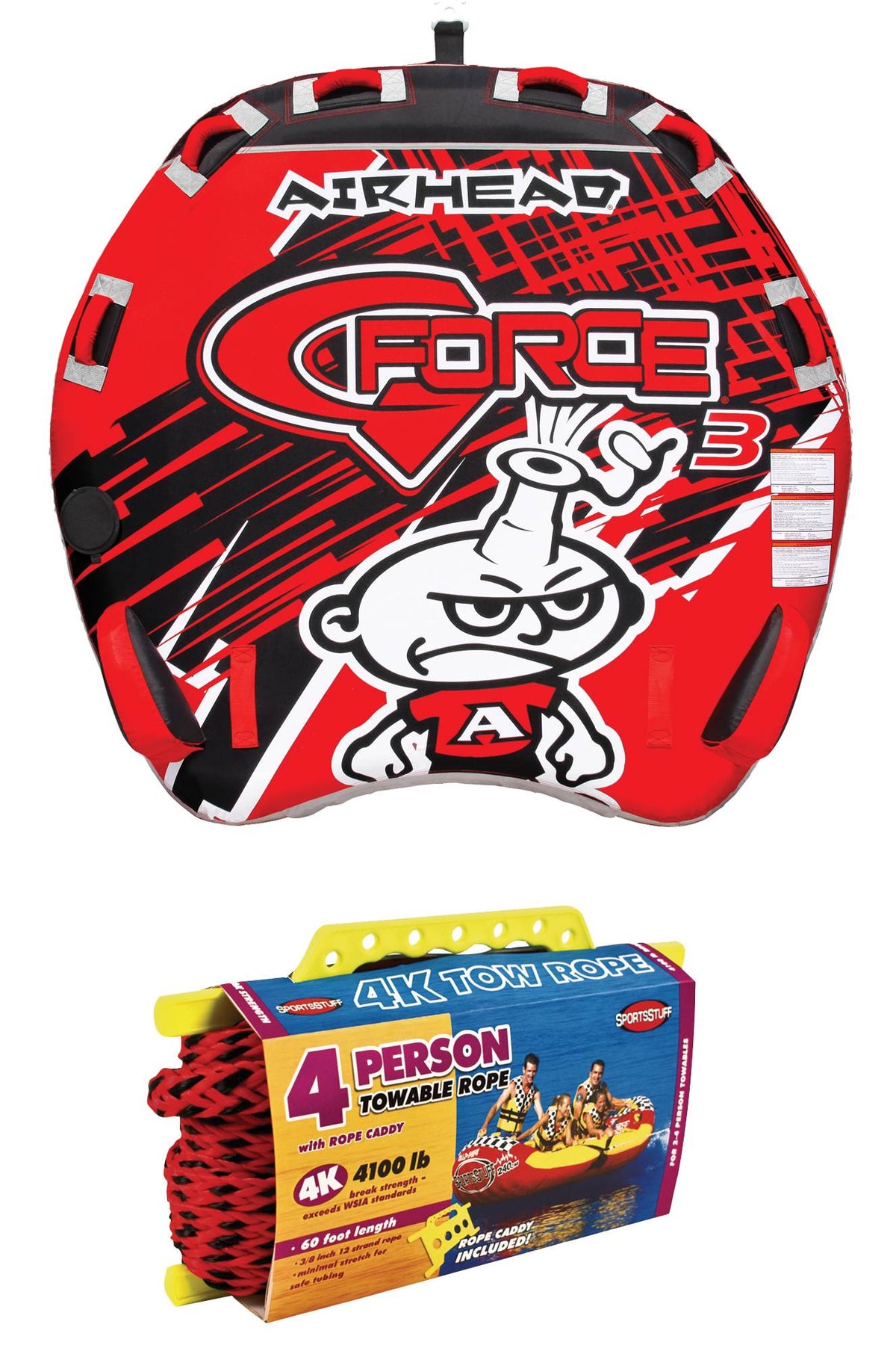 AIRHEAD AHGF-3 G-Force 3 Triple Rider Inflatable Towable Tube w/ 60ft Tow Rope
