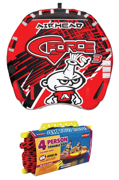 AIRHEAD AHGF-3 G-Force 3 Triple Rider Inflatable Towable Tube w/ 60ft Tow Rope