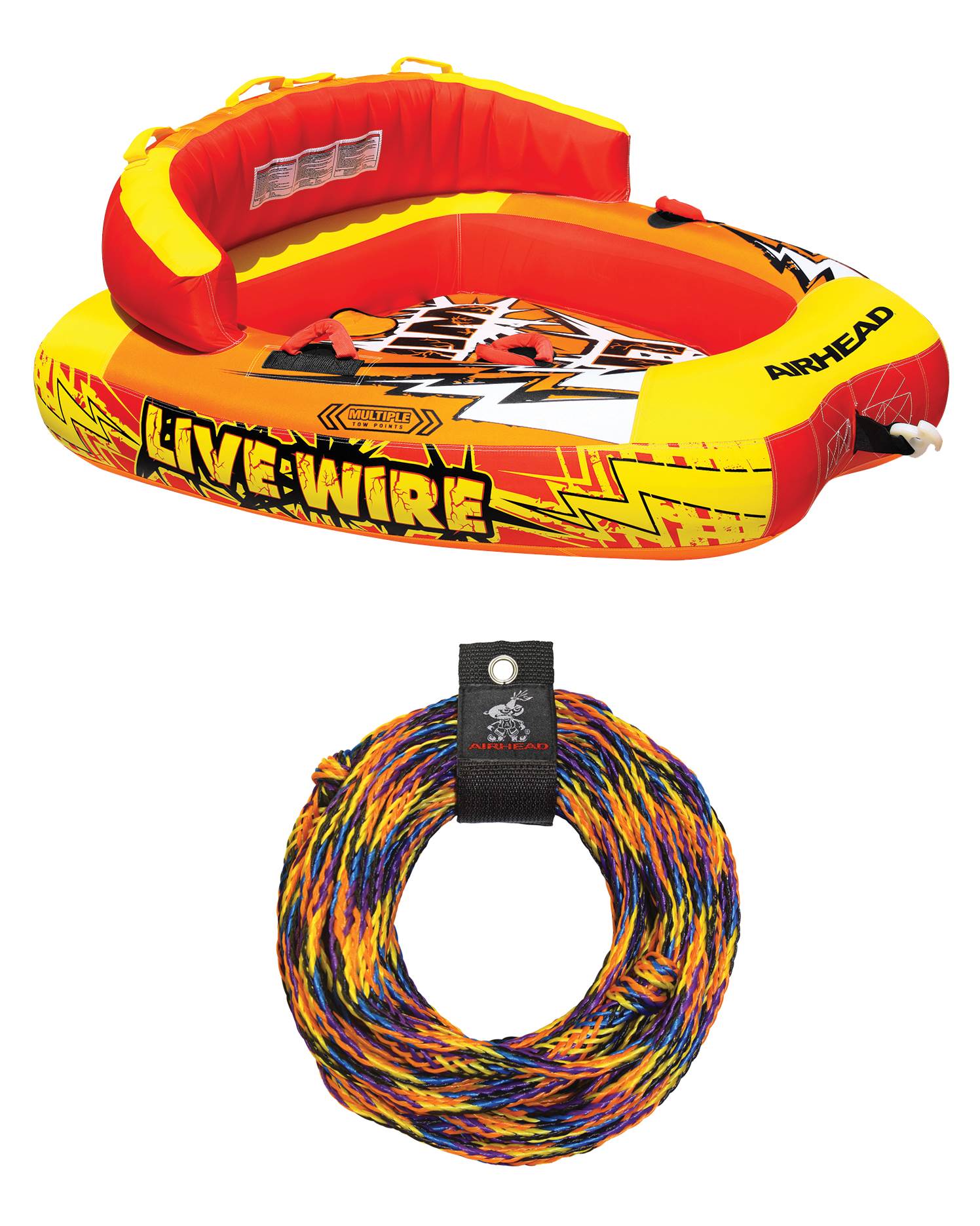 AIRHEAD AHLW-2 Live Wire 2 Inflatable 1-2 Rider Boat Towable Tube with Tow Rope