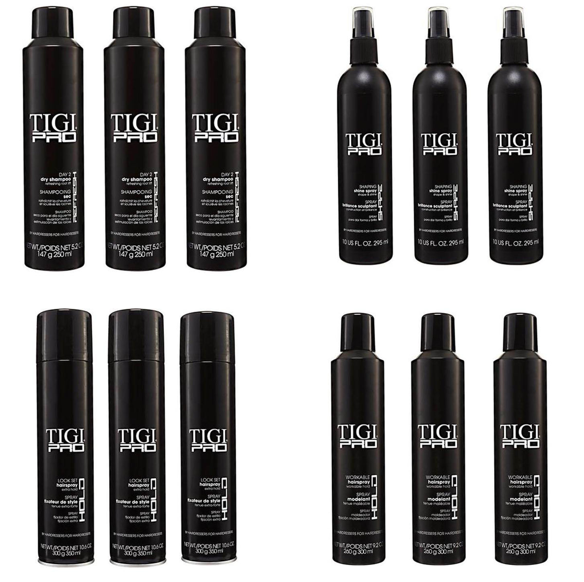 3) TIGI PRO Dry Shampoo/Lookset Hairspray/Workable Hairspray/Shaping Shine Spray