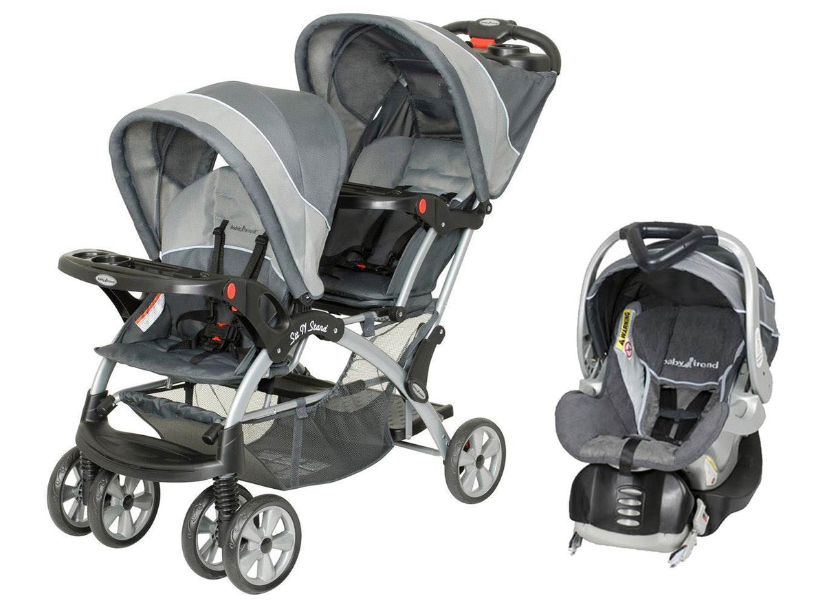 Baby Trend Sit N Stand Double Baby Stroller and Flex Loc Car Seat, Grey Mist