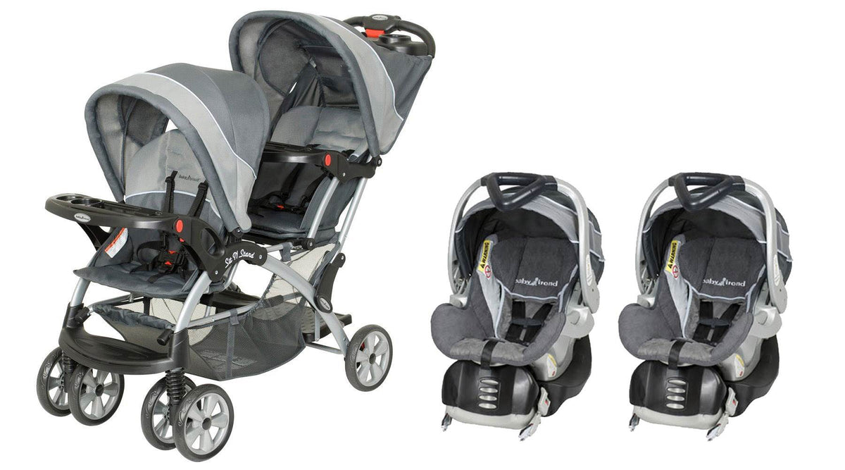 Baby Trend Sit N Stand Double Baby Stroller and Two Flex Loc Car Seats Grey Mist