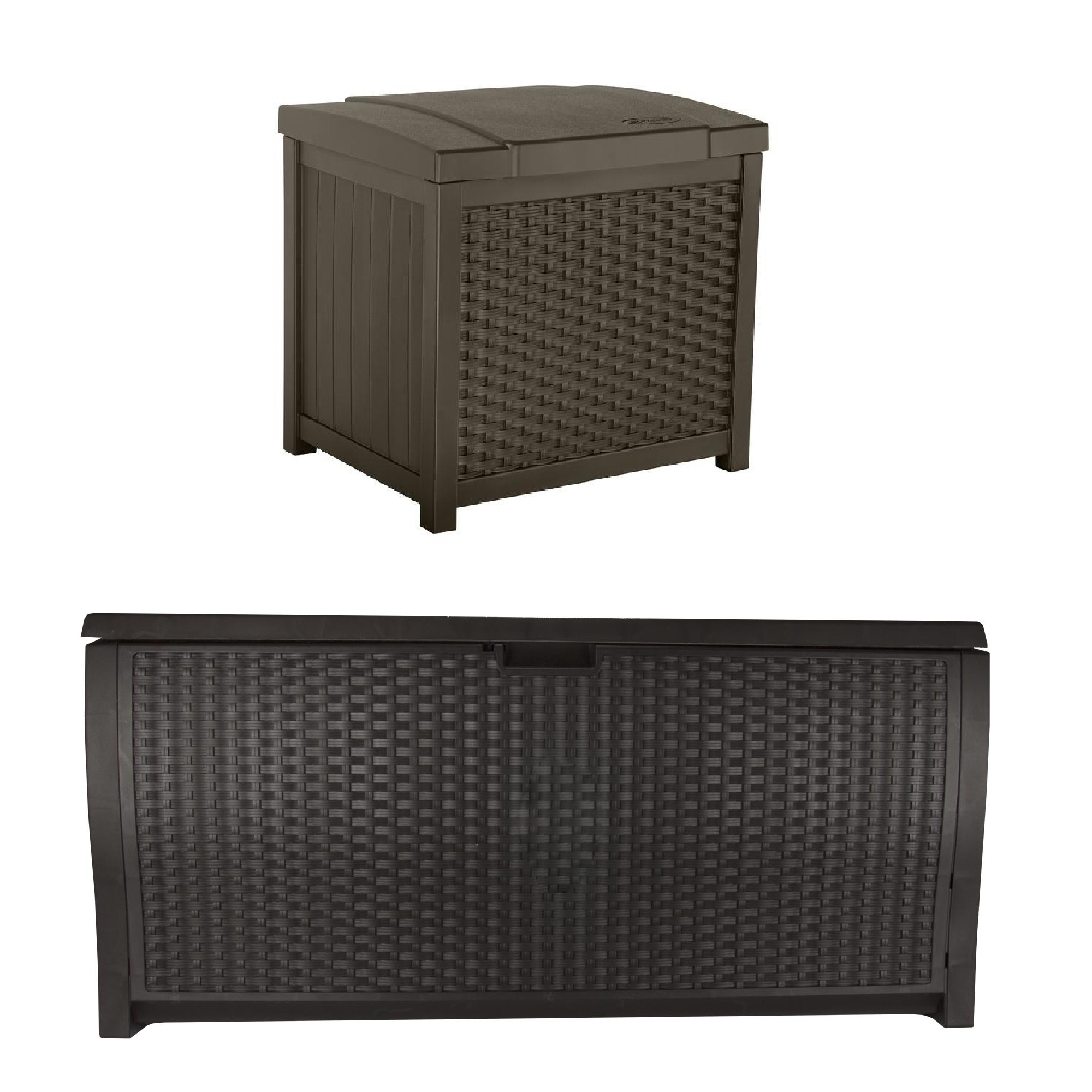 Suncast 22 Gallon Wicker Deck Box w/ Suncast 99 Gallon Wicker Resin Deck Box - VMInnovations