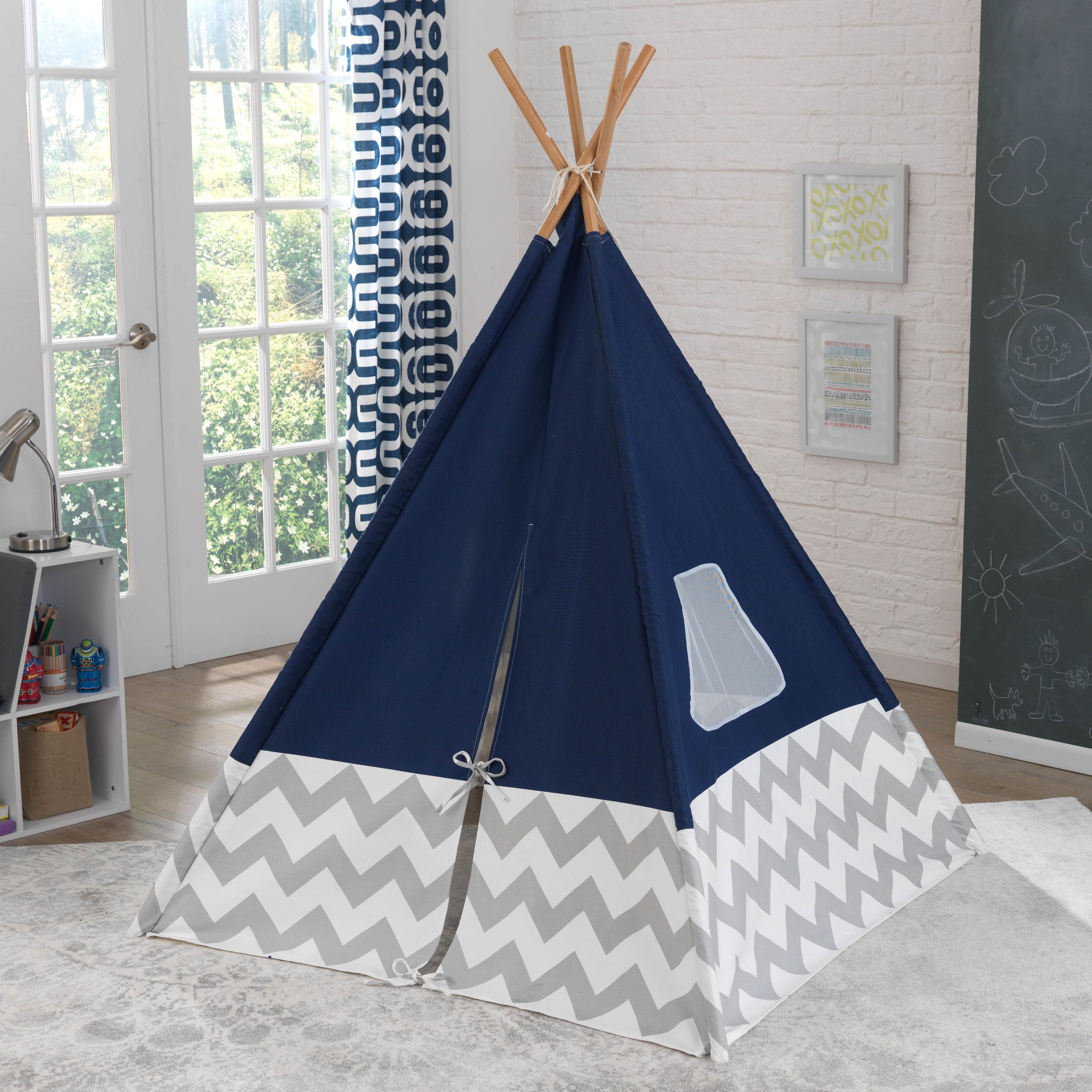 KidKraft Deluxe 3.5 Feet Kids Indoor Play Teepee, Navy & Gray Chevron (Open Box)