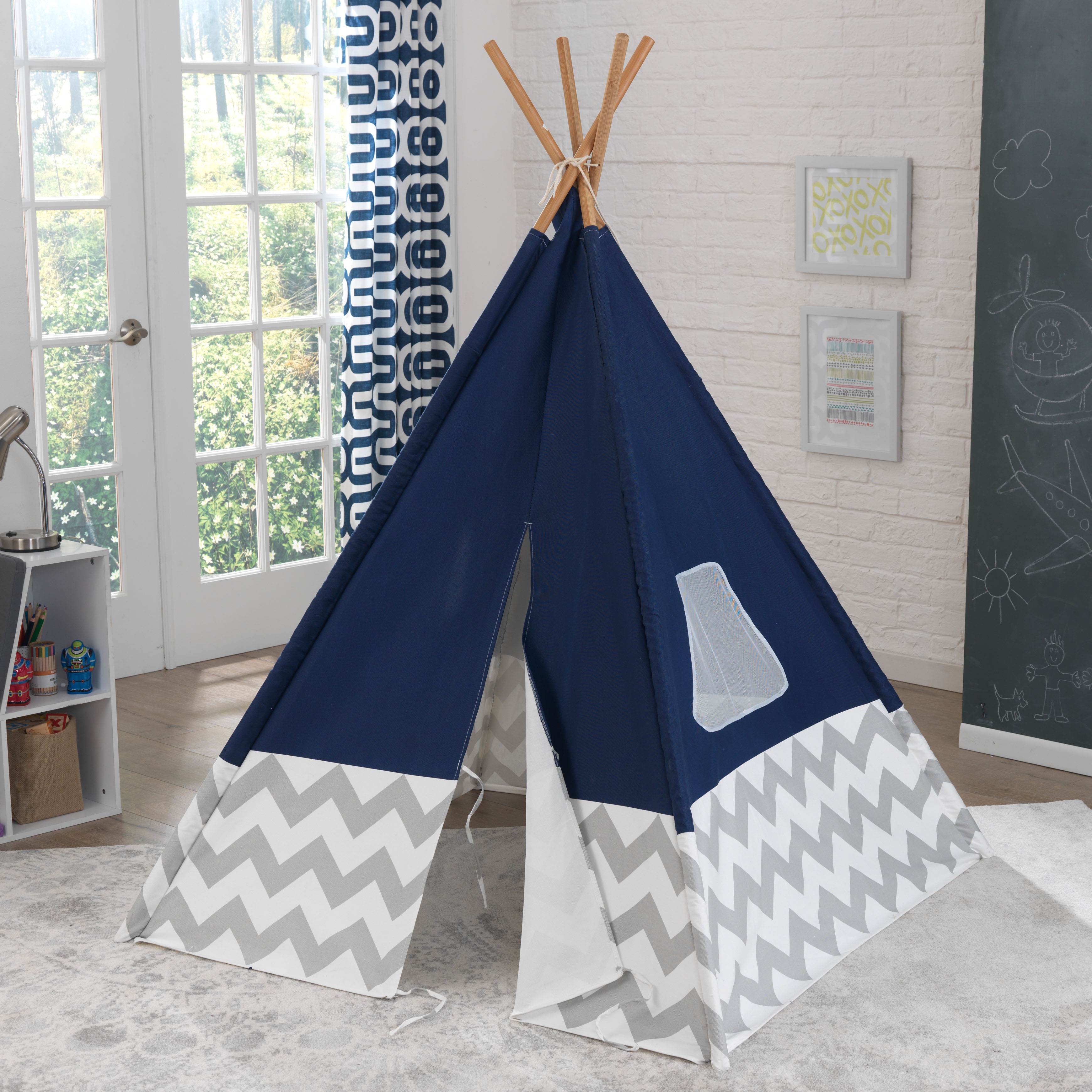 KidKraft Deluxe 3.5 Feet Kids Indoor Play Teepee, Navy & Gray Chevron (Open Box)