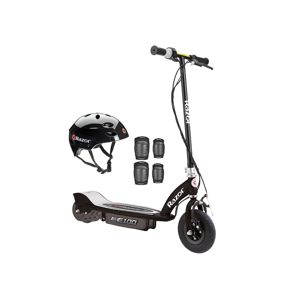 Razor E100 Kids Motorized 24V Electric Ride-On Scooter w/ Helmet and Pads, Black