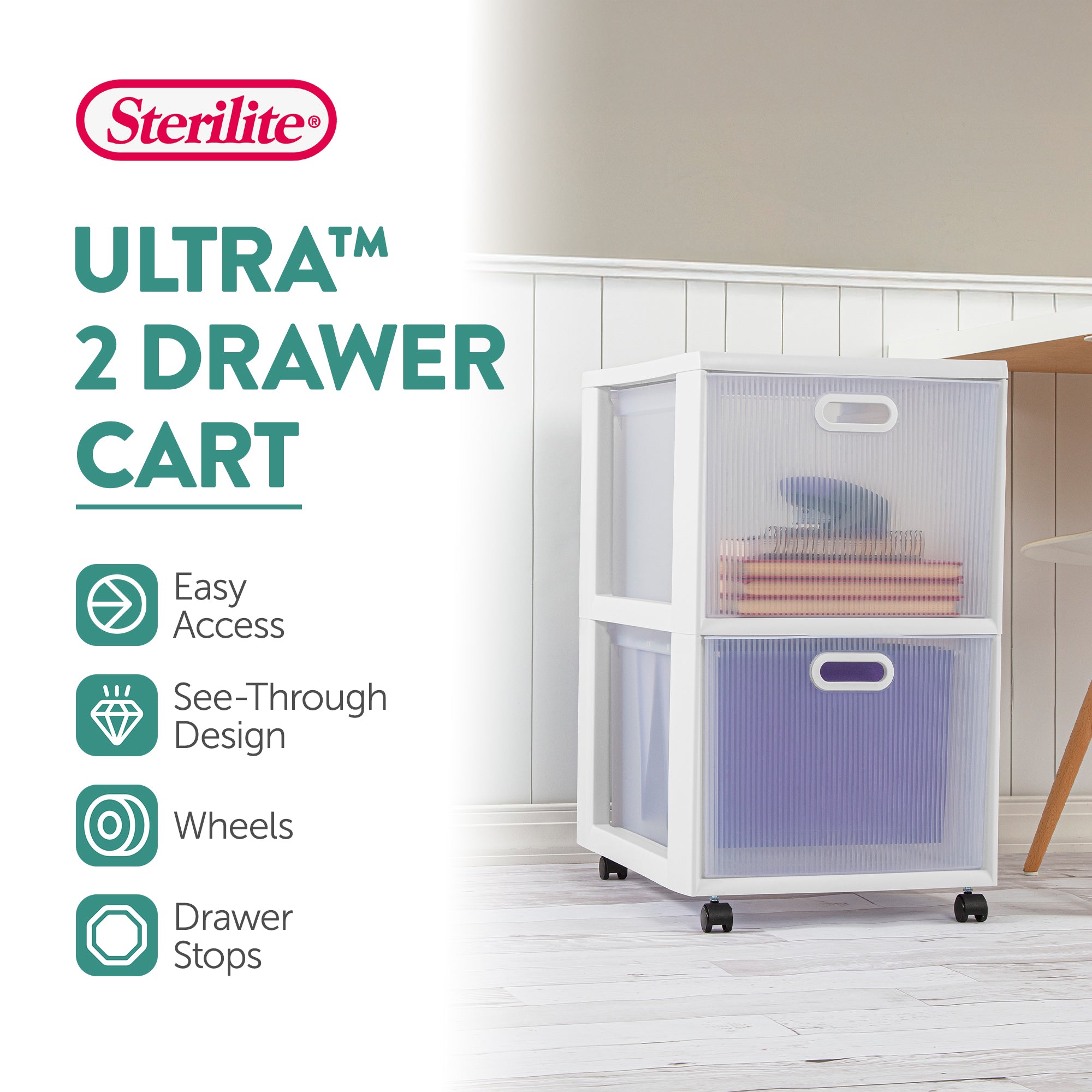Sterilite Ultra 2 Drawer Filing Storage Cart, Plastic Rolling Organizer, 2 Pack - VMInnovations