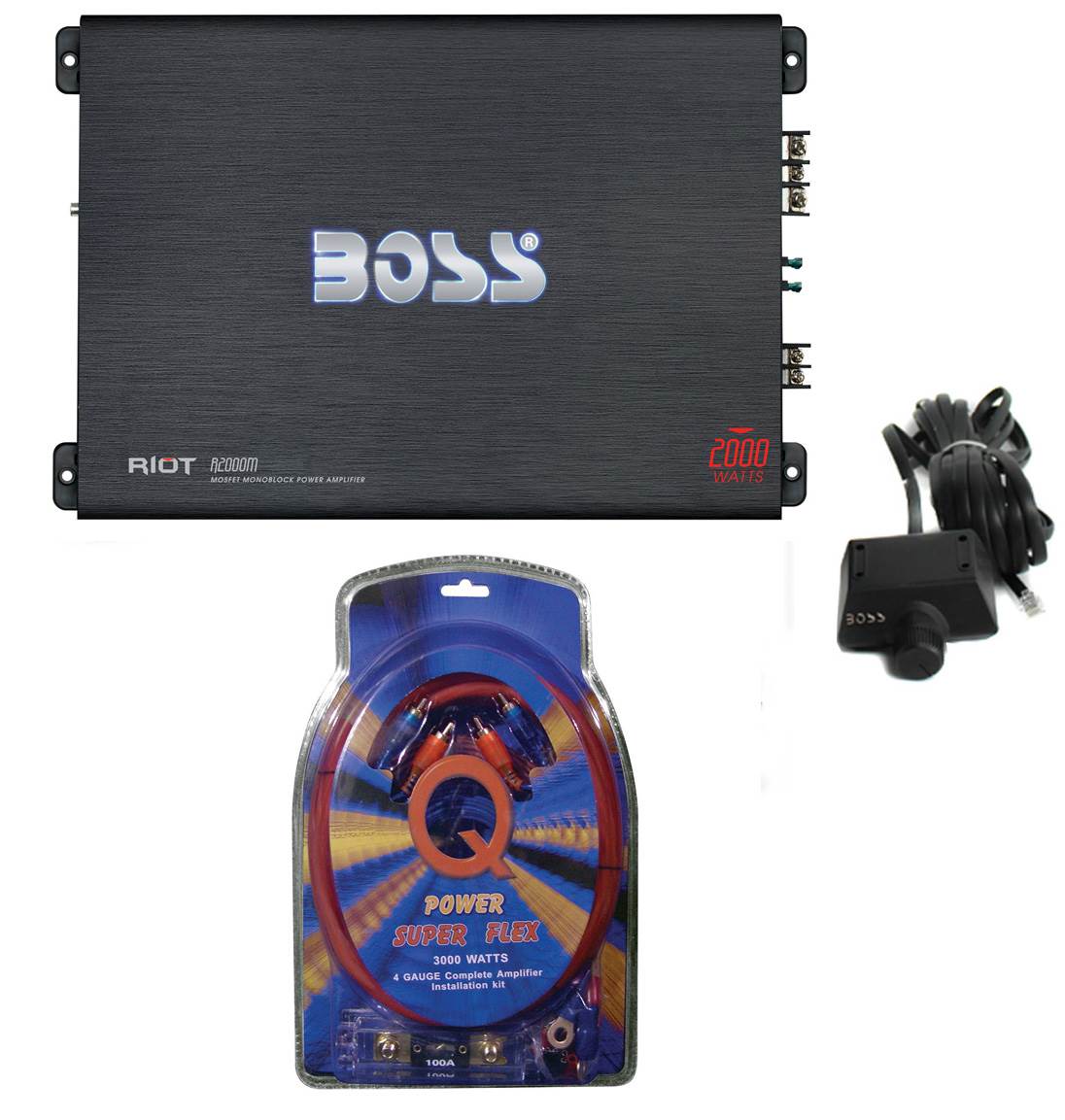BOSS R2000M 2000W Riot Monoblock Car Audio MOSFET Mono Amp & Amp Wiring Kit