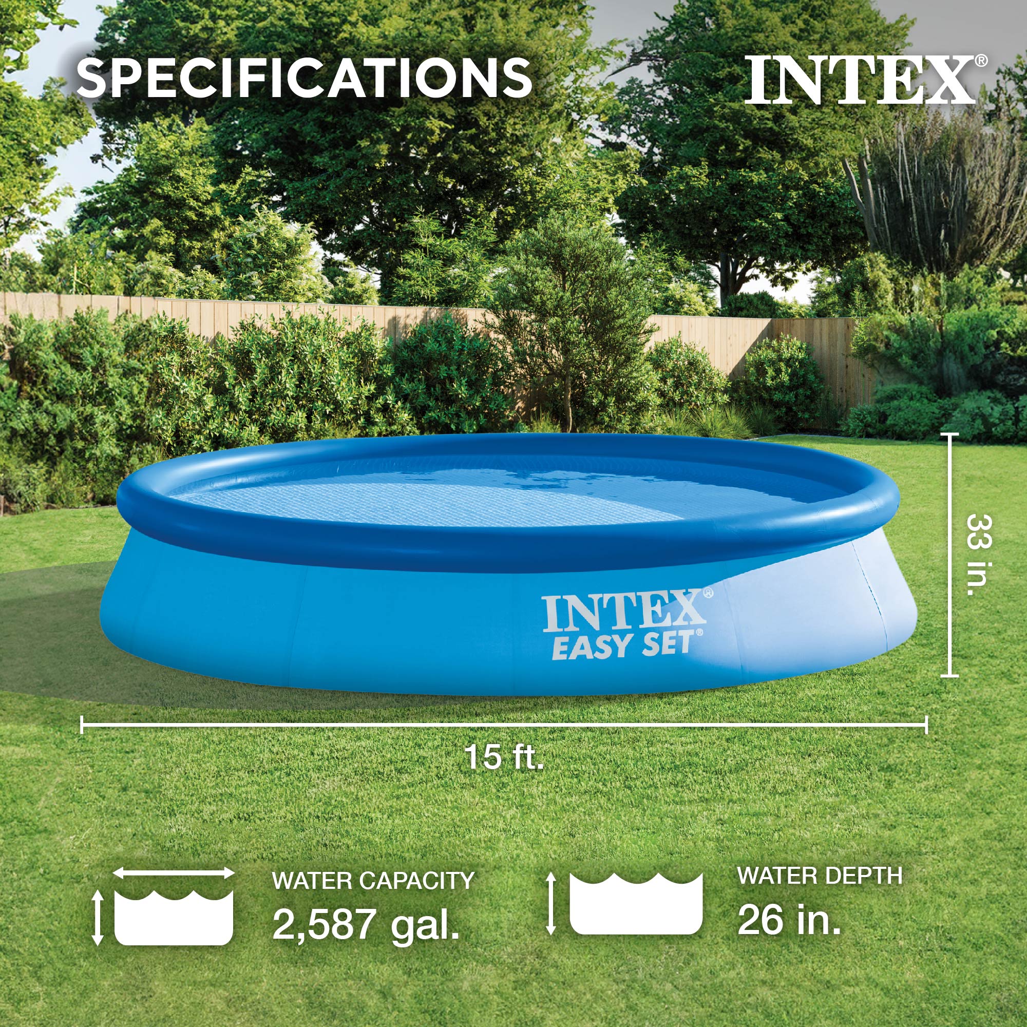 Intex 15' x 33" Easy Set Above Ground Swimming Pool, Filter Pump & Cover Tarp