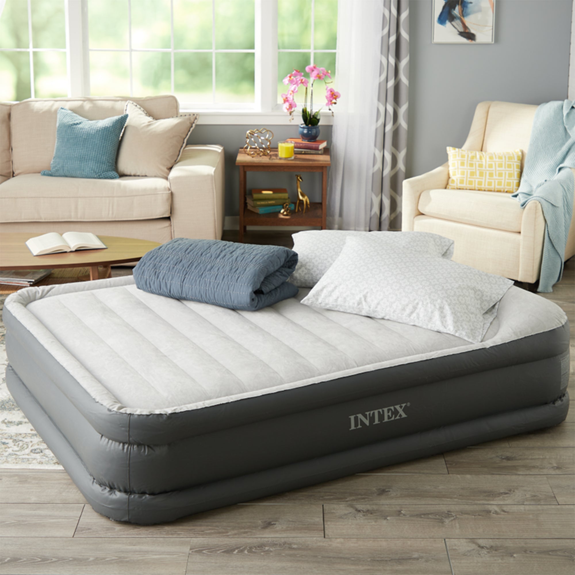 Intex 64435E Fiber-Tech Deluxe Pillow Rest Raised Air Bed with Pump, Queen