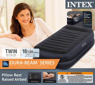 Intex Twin Pillow Rest Fiber-Tech Airbed Air Mattress Bed w/ Pump (Open Box)