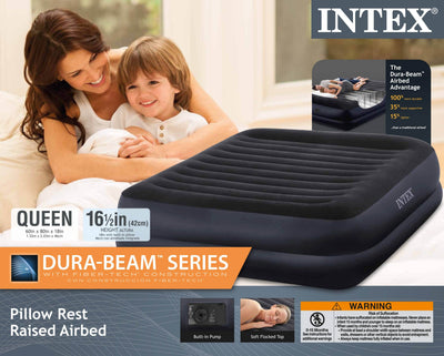 Intex Queen Pillow Rest Fiber-Tech Air Mattress Bed with Built-In Pump (Used)