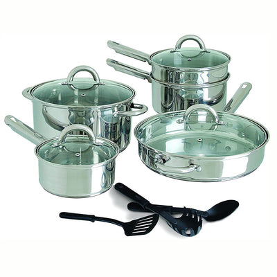 Gibson Home Abruzzo 12 Piece Stainless Cookware Set w/ Utensils, Silver (Used) - VMInnovations