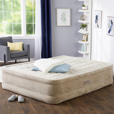 Intex Queen Ultra Plush Fiber-Tech Air Mattress Bed with Built-In Pump (Used)