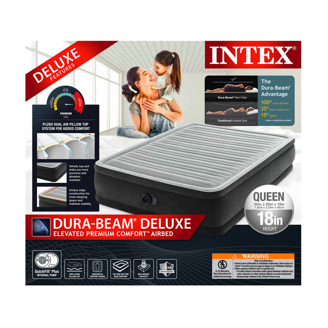 Intex Dura Beam Deluxe Pillow Raised Air Mattress Bed Built In Pump, Q(Open Box)