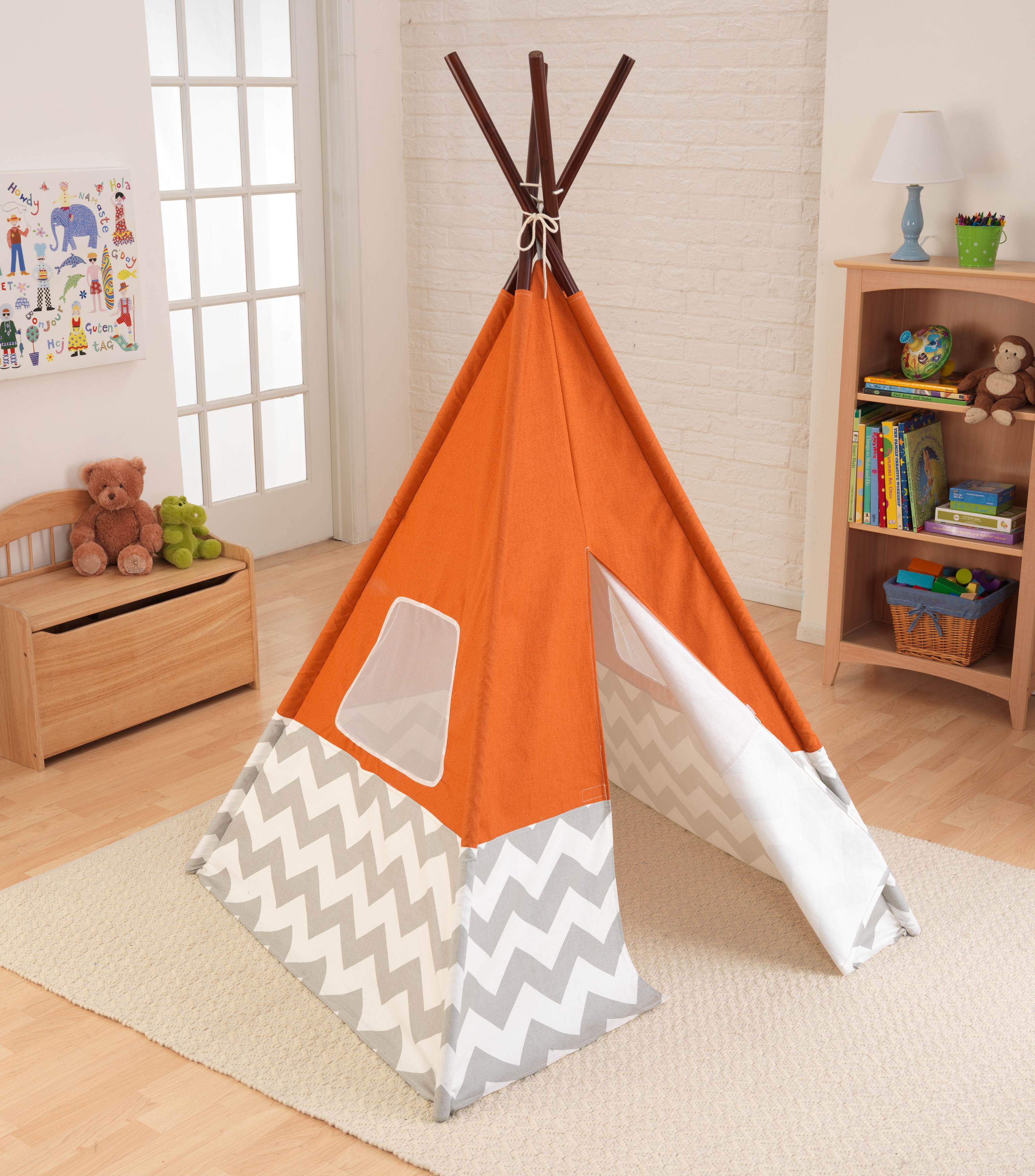 KidKraft Kids Child Deluxe Indoor Play Teepee in Orange & Grey Chevron(Open Box)