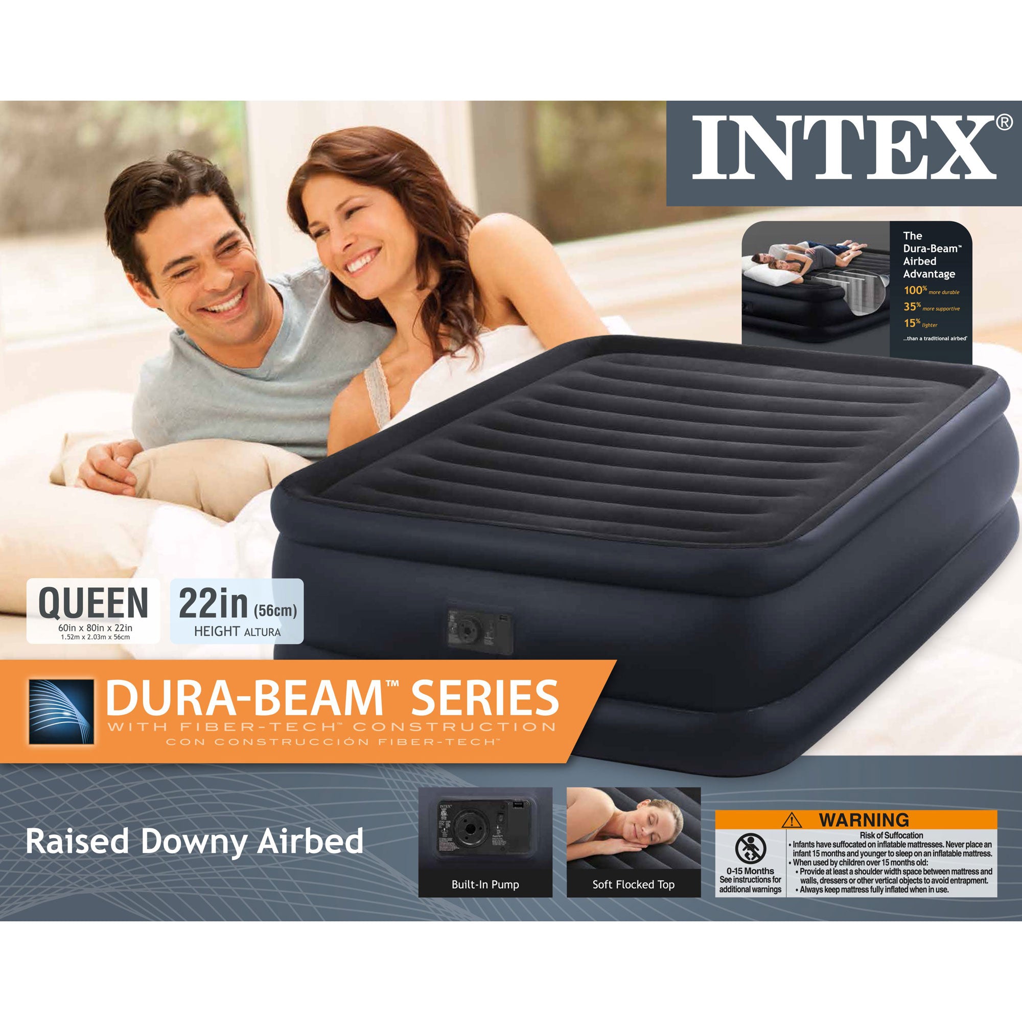 Intex Fiber-Tech Downy Raised Queen Mattress Bed w/ Built-In Pump (Open Box)