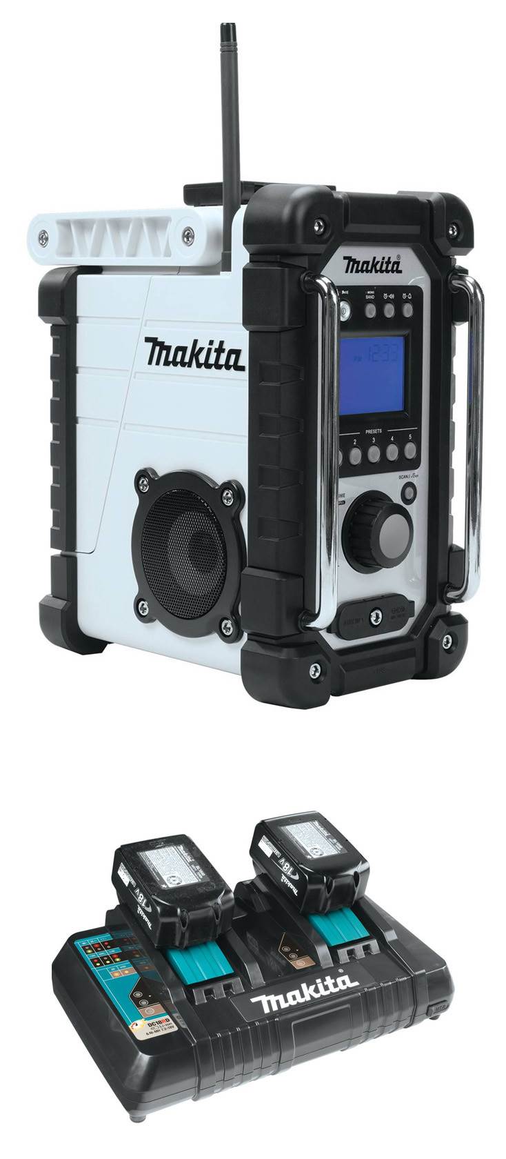 Makita XRM02W 18V Lithium-Ion MP3 Compatible Radio + 18V Batteries and Charger