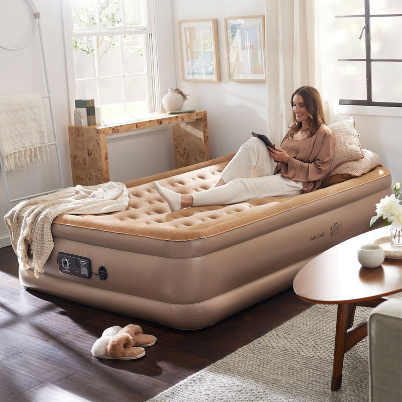InstaBed Raised Queen Air Bed Mattress with Never Flat Air Pump, Beige (Used)
