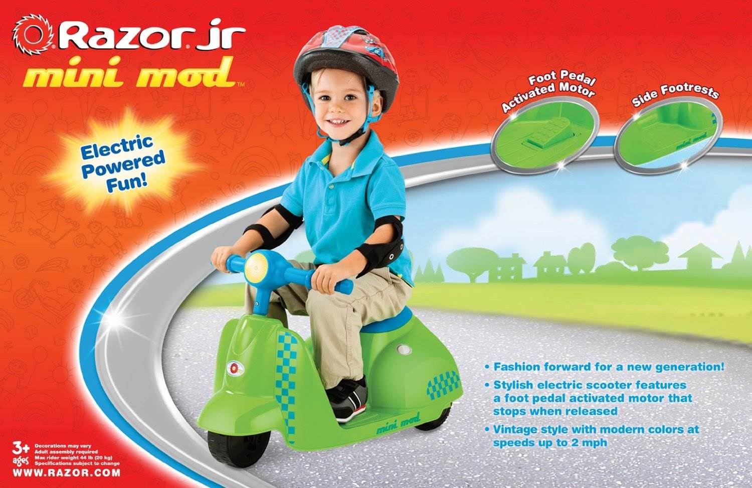 Razor Jr. Mini Mod Electric Scooter Rid-On Green Moped with Child Sport Helmet