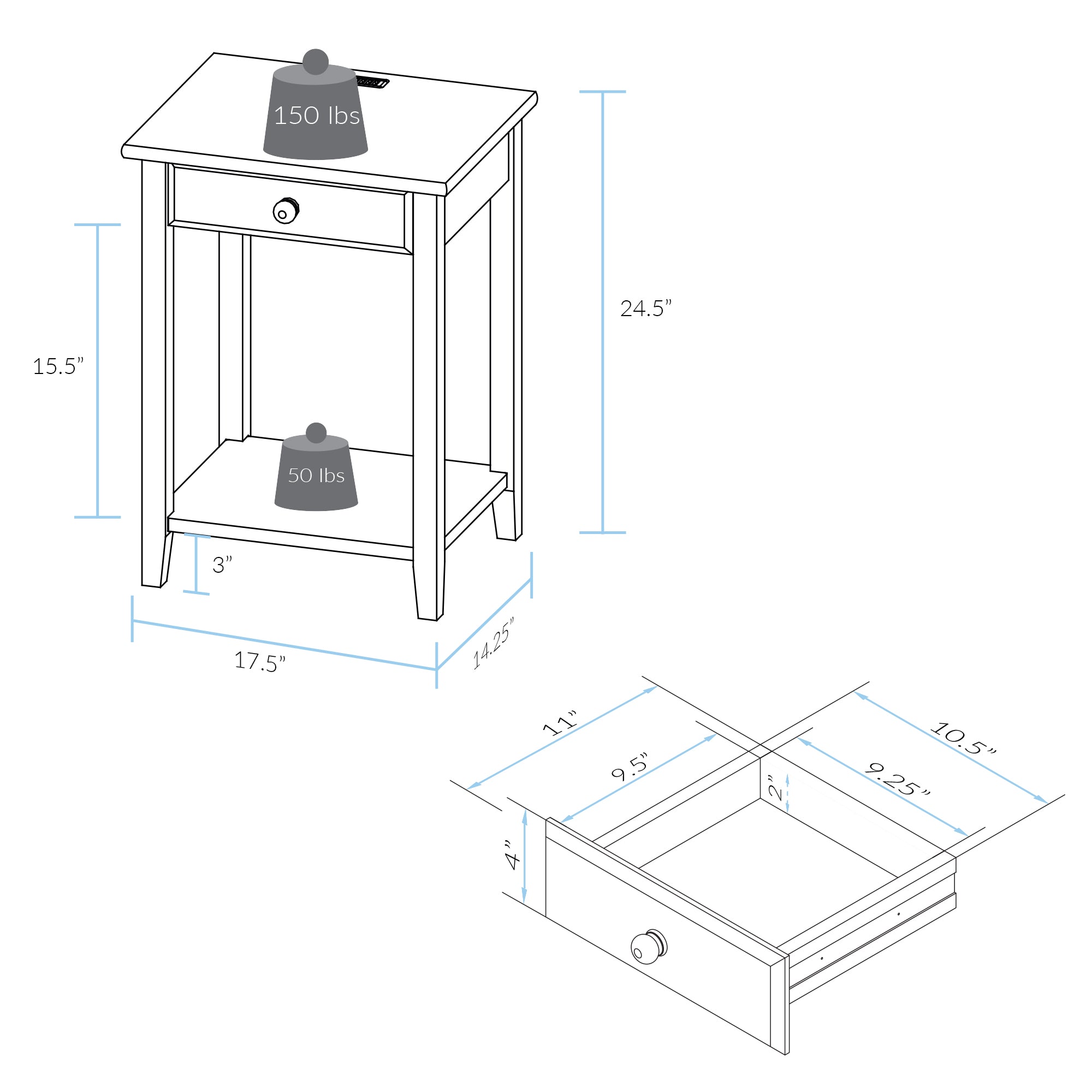 Casual Home Night Owl Bedroom Nightstand with Included Discrete USB Port Station